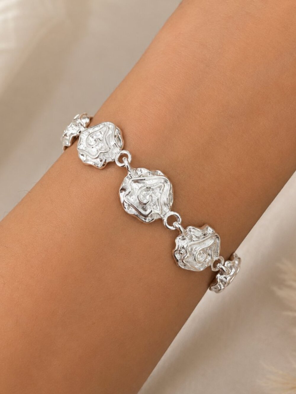 925 Sterling Silver Flower Chain Link Bracelet